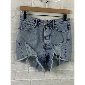 Good American Women's High-Rise Curve Distressed Denim Shorts Blue Size 6/28